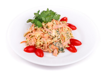 Salad of sausages, carrots and cucumbers