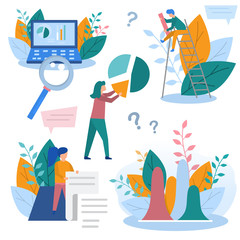 Concept illustration of business analytics elements, information gathering, data analysis, graphs and charts, team game, market research, online research. Color flat vector design set