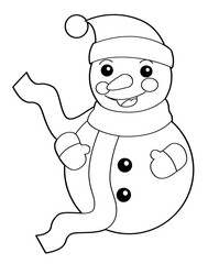 happy cartoon snowman looking and smiling - coloring page isolated on white background - vector illustration for children