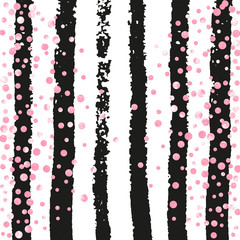 Pink glitter dots confetti on black stripes. Shiny random falling sequins with shimmer. Template with pink glitter dots for party invitation, event banner, flyer, birthday card.