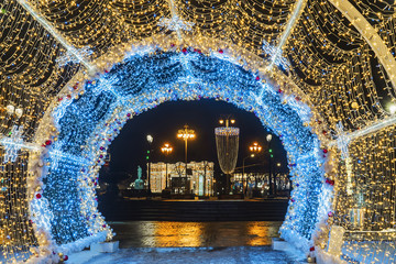 Christmas in Moscow. light tunnel on Tverskoy Boulevard. View of Pushkin Square