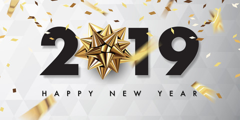 merry christmas and happy new year 2019 vector greeting card and poster design with golden ribbon and star. - 227948402