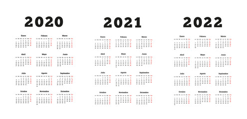 Set of A4 size vertical simple calendars in spanish at 2020, 2021, 2022 years isolated on white