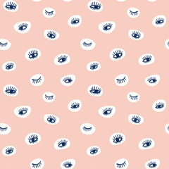 Handgezeichnete Auge Kritzeleien Symbol nahtlose Muster im Retro-Pop-up-Stil. Vektorschönheitsillustration von offenen und geschlossenen Augen für Karten, Textilien, Tapeten, Hintergründe.