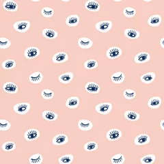 Gordijnen Hand getrokken oog doodles pictogram naadloze patroon in retro pop-up stijl. Vectorschoonheidsillustratie van open en dichte ogen voor kaarten, textiel, behang, achtergronden. © natakukushkina