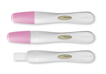 Vector realistic 3d pregnancy test with positive result set icon closeup isolated on white background. Closed and opened pregnant tests. Planning a baby, motherhood and healthcare concept. Top view