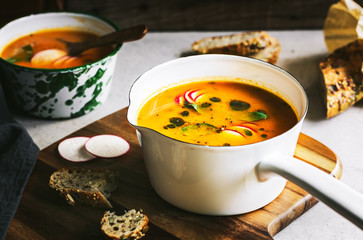 Carrot and Pumpkin soup with Basil oil