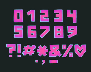 Alphabet square design, neon color style. Numbers, punctuation marks. Hand pen bold font. Hand drawn. EPS 10
