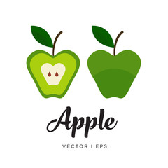 Fresh green apple, cut sliced, seeds, leaf and steam, vector editable illustration. Flat simple style.