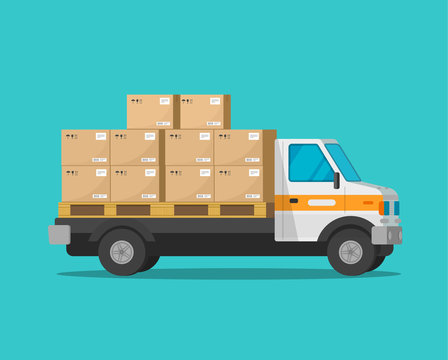 Delivery truck with parcel cargo boxes vector illustration, flat cartoon freight van or lorry automobile with packages isolated