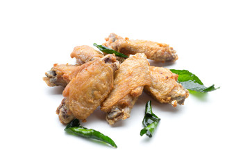 Fried chicken wings and crispy garlic isolated on white background
