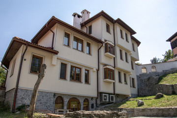Traditional houses and cobbled streets in the old town of plovdiv bulgaria.