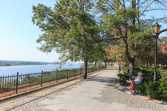 Promenade on the Vistula embankment in Plock, Poland