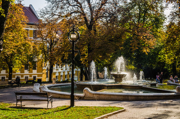 Pecs, Hungary - October 06, 2018: The fountain in the city park Pecs, Hungary, in the fall 