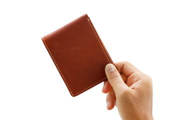 men hand holding leather wallet isolated on white background - clipping paths