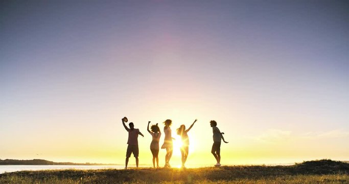 Five Multi-ethnic friends dancing, cheering on a green meadow near lake, being happy about vacation. Friends enjoying their time 4k