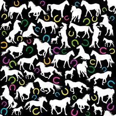 Seamless background with white horses silhouettes and colored horseshoes
