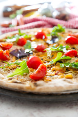 tasty chicken pizza on a the table