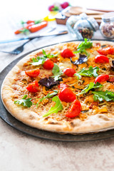 tasty chicken pizza on a the table