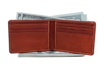 Brown wallet with money isolated on white background - clipping paths