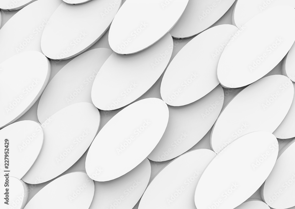Poster 3d rendering. white diagonal random oval shape tile pattern wall background.