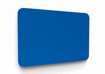 3d rendering. perspective view of modern blank blue metal signboard for any name or message on white wall background.