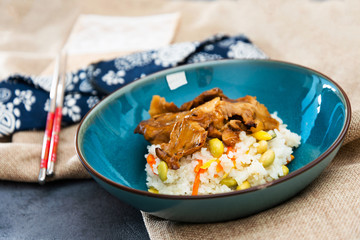 Vietnamese style caramel pork with rice and vegetable