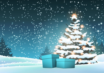 Christmas trees and blue gift boxes in snow