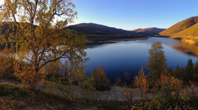 Teno River in Lapland Finland in autumn colors at sunset
