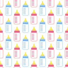 Vector seamless pattern of baby pink and blue feeding bottles. 