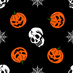 HALLOWEEN SKULL PUMPKIN SPIDER WEB SEAMLESS PATTERN BLACK BACKGROUND