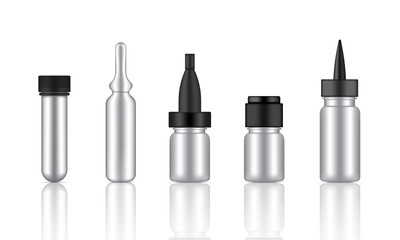 Mock up Realistic Metallic Cosmetic Serum, Ampoule, Oil Dropper Bottles Set for Skincare Product Background Illustration