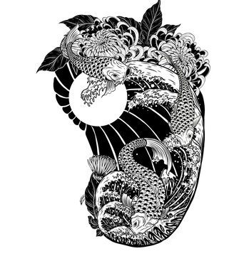 Naklejka Japanese fish with chrysanthemum vector by hand drawing.Beautiful bird on white background.Grus japonensis art highly detailed in line art style.Chinese bird for tattoo or wallpaper.