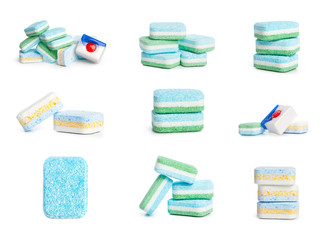 Dishwasher tablets on a white background