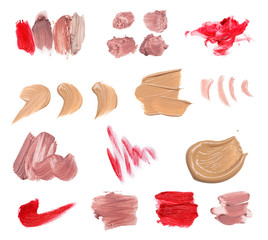 Collage of decorative cosmetics on white background.