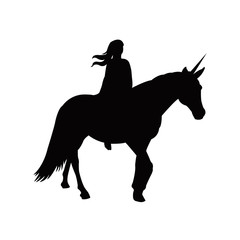 Girl riding unicorn silhouette, black and white VECTOR illustration