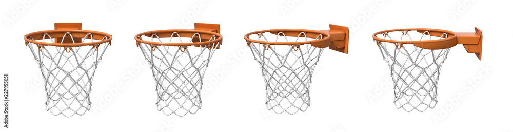 Poster 3d rendering of a set made of four basketball baskets with orange loop and fixing bracket.