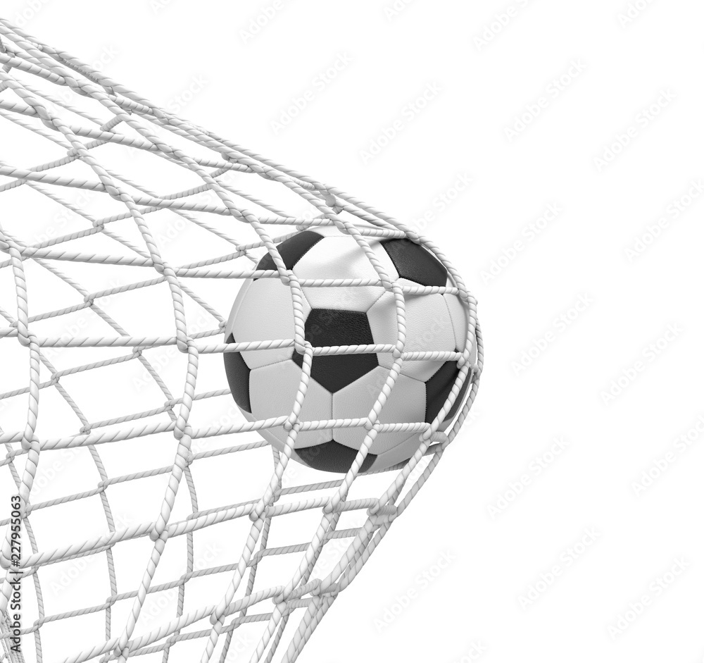 Poster 3d rendering of a football ball hitting the net inside the gate on white background.