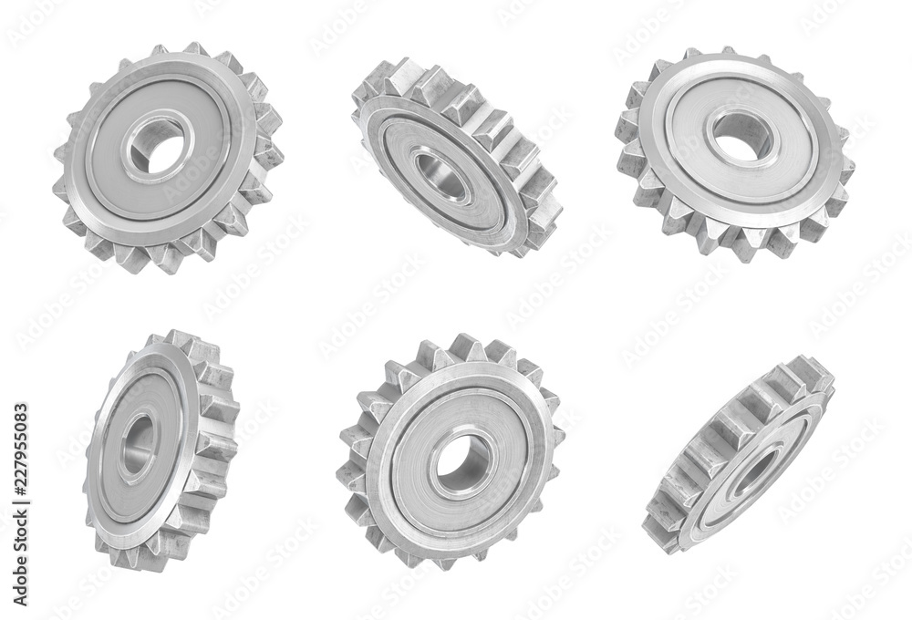 Poster 3d rendering of several metal spur gears hanging in different angles on a white background.