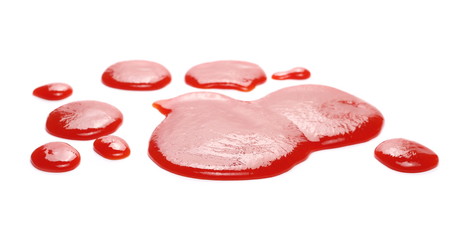 red ketchup splashes isolated on white background, tomato pure texture