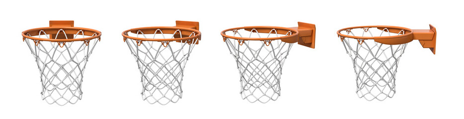 3d rendering of a set made of four basketball baskets with orange loop and fixing bracket. © gearstd