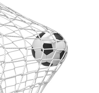 3d rendering of a football ball hitting the net inside the gate on white background.