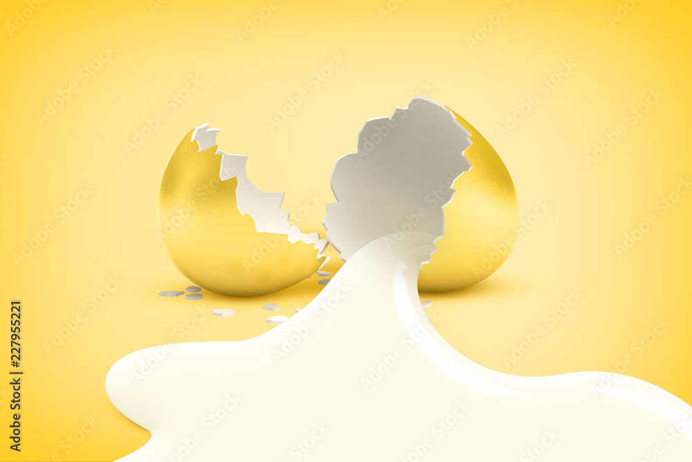 Poster 3d rendering of a golden egg broken in half with white liquid flowing out of it on a yellow backgrou