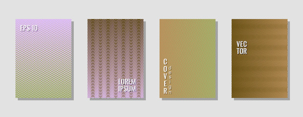 Fashionable green purple zig zag banner templates, wavy lines gradient stripes backgrounds for music cover. Curve shapes stripes, zig zag edge lines halftone texture gradient cover templates set.