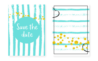 Wedding set with dots and sequins. Bridal shower invitation card with gold glitter confetti. Vertical turquoise stripes background. Fashion wedding set for party, event, save the date flyer