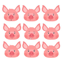 A collection of piggy smiles with different emotions. Vector set.