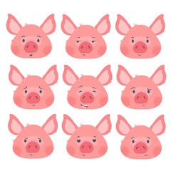 Fototapeta premium A collection of piggy smiles with different emotions. Vector set.