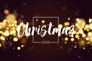 Christmas background 2019 with golden magic bokeh sparkle glitter lights. Abstract defocused circular New Year background design. Elegant, shiny, metallic gold background. EPS 10.