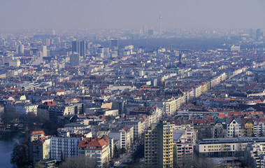 Fototapeta premium aerial view panorama of Berlin on a misty day