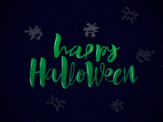 Fototapeta na wymiar Happy Halloween card with ghost. Modern green inscription and decorative illustration of spook on a dark blue background. Vector handwritten lettering for banner, sticker, label, card, flyer.